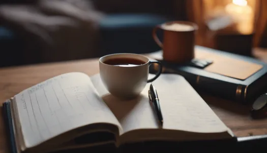 A beautiful journal with a pen on a cozy desk, with a cup of tea nearby