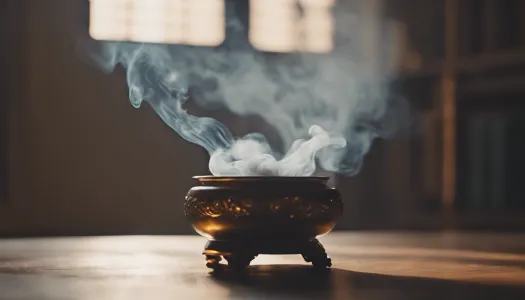 A calming image of incense smoke wafting through a serene room