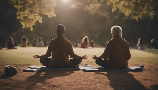 A calm setting with people meditating together