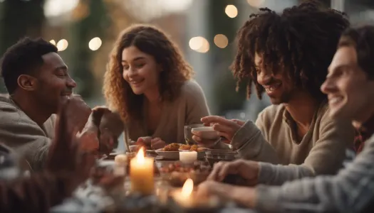 A group of friends sharing gratitude in a warm setting