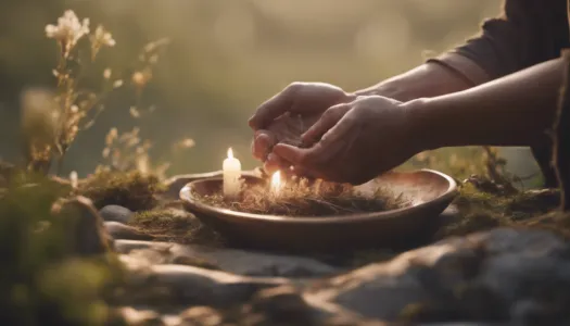 An ancient healing ritual taking place in a tranquil natural setting, Cinematic