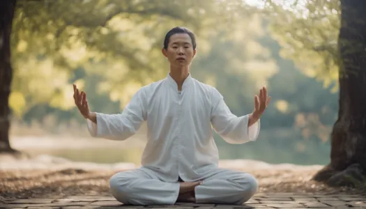 A person practicing Qi Gong in a tranquil outdoor setting, Enhance