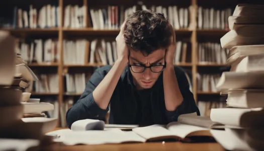 A person feeling anxious while studying for an exam, surrounded by books and notes, looking stressed