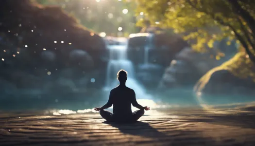 A peaceful meditation scene with a person meditating and healing energy flowing around them, in a tranquil setting