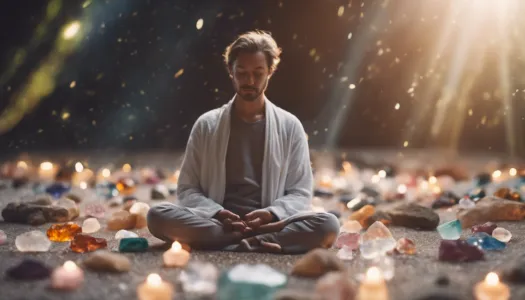 A person sitting cross-legged in meditation, surrounded by healing crystals