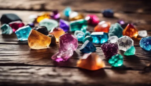 A variety of colorful healing crystals displayed on a wooden table