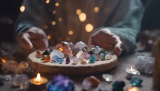 An ancient healer practicing energy healing with crystals, Photographic