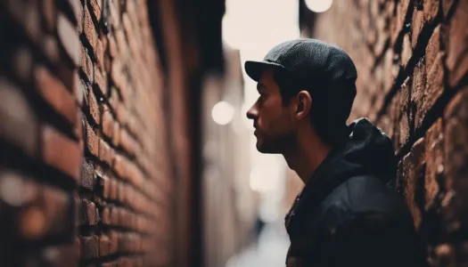 A person feeling stuck in a dark alley, looking up at a brick wall, Cinematic