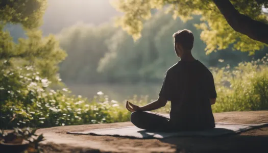 A person meditating in a tranquil setting, surrounded by nature, Cinematic