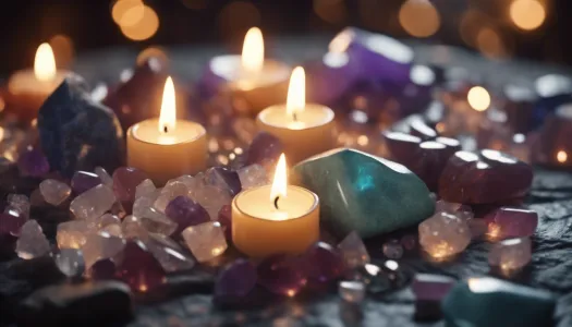 An ancient healing stone arrangement with candles and crystals, Ultrarealistic