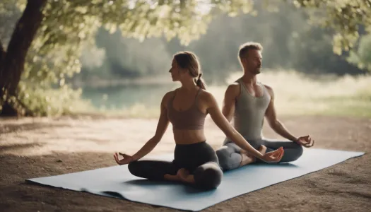 A peaceful scene of a couple practicing partner yoga in a tranquil setting, Photographic