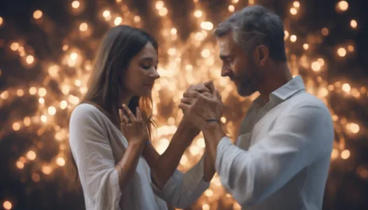 A couple engaged in a healing energy session, showcasing the connection between them, Enhance