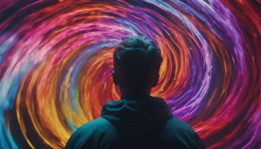 A person surrounded by swirling colors representing energy flow, Ultrarealistic