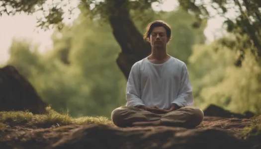 A person meditating in a peaceful environment, surrounded by nature, Photographic