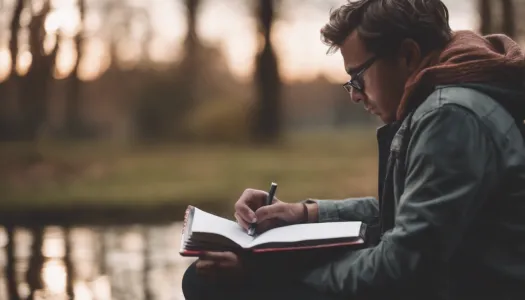 A person reflecting on their emotions with a journal in a peaceful environment, Enhance