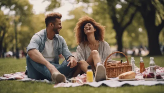 A couple enjoying a picnic in a park, sharing laughter and memories, Cinematic