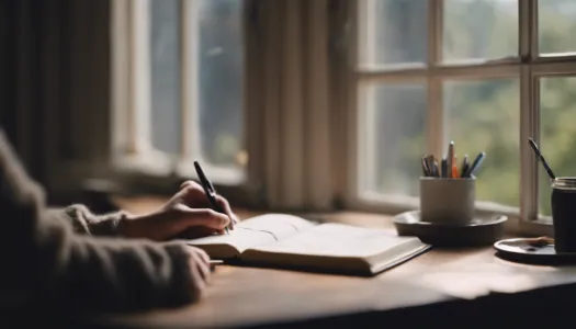 A person writing in a journal by a cozy window, representing reflection and personal insights, Enhance