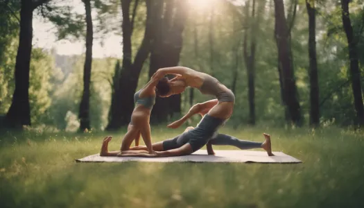 A couple practicing yoga together in nature, Ultrarealistic