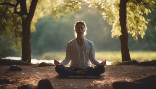 A person meditating in a peaceful environment, surrounded by nature, symbolizing emotional healing and balance, Enhance