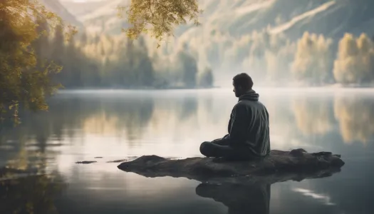 A serene landscape with a person meditating by a lake, Ultrarealistic