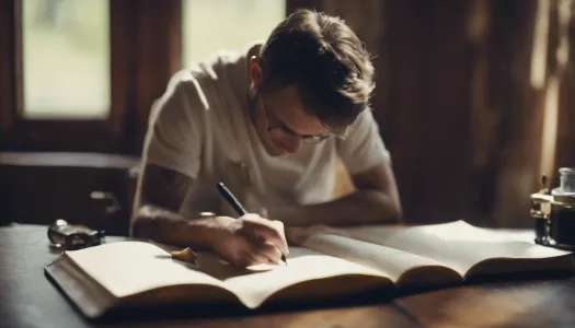 A person looking thoughtful while writing in a journal, Photographic