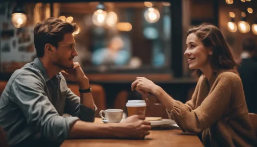 A couple engaging in a deep conversation at a cozy café, Cinematic