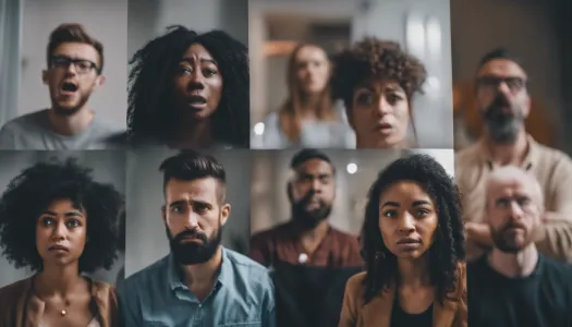 A diverse group of people expressing different emotions related to fear, Cinematic