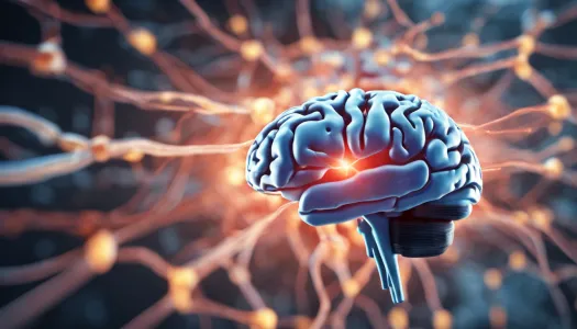 A brain illustration showing neurotransmitter production, Enhance