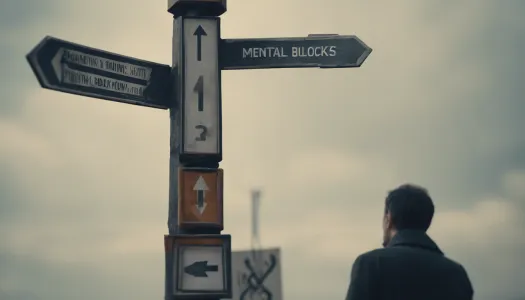 A person looking confused in front of a decision-making signpost, representing mental blockages, Cinematic