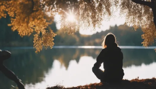 A person reflecting in nature, symbolizing self-discovery and emotional release, Cinematic