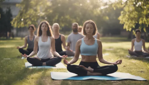 A group of people practicing yoga in a peaceful outdoor setting, Enhance