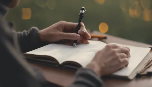 A person writing in a journal with a peaceful backdrop, enhance