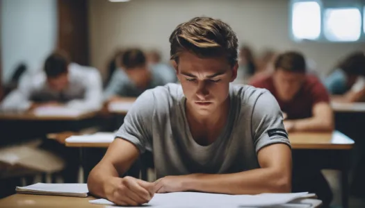 A student experiencing anxiety during an exam, with sweat on their forehead, Photographic