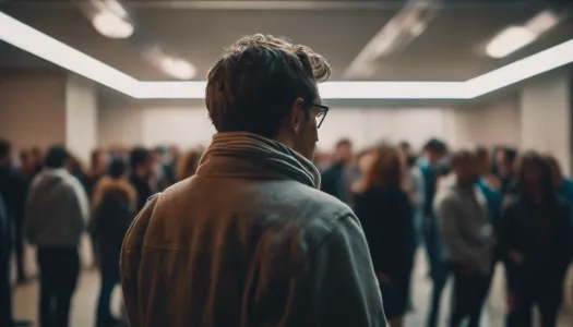 A person standing alone in a crowded room looking anxious, Photographic