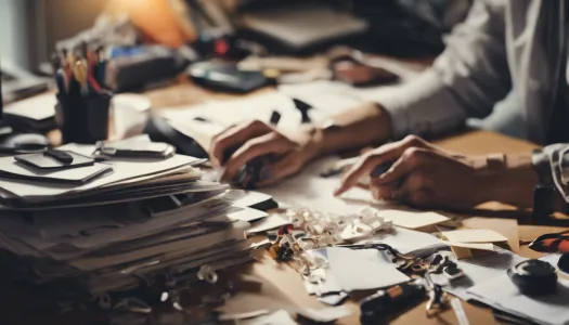 A cluttered desk with a person overwhelmed by tasks, Enhance